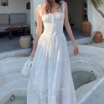 French-Style Square Neck Spaghetti Strap Dress – Sweet Ruffled Jacquard Long Dress for Women