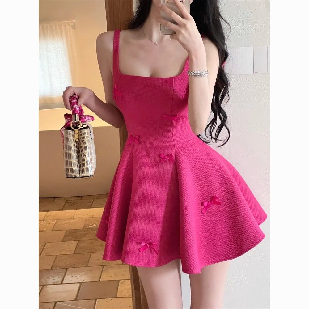 13398248311037625 Square Neck Sleeveless Dress – Elegant Short Dress with Bow Detail and Slim Fit - Image 1
