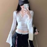 Layered French V-Neck Lace Trim Sheer Top – Chic Sexy Flared Sleeve Blouse - Image 8