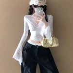 Layered French V-Neck Lace Trim Sheer Top – Chic Sexy Flared Sleeve Blouse - Image 7