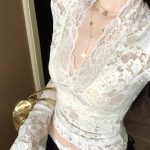 Layered French V-Neck Lace Trim Sheer Top – Chic Sexy Flared Sleeve Blouse - Image 6