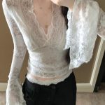 Layered French V-Neck Lace Trim Sheer Top – Chic Sexy Flared Sleeve Blouse - Image 5