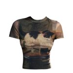Vintage Cat Print Slim Fit T-Shirt – Short High Neck Crop Top for Women - Image 2