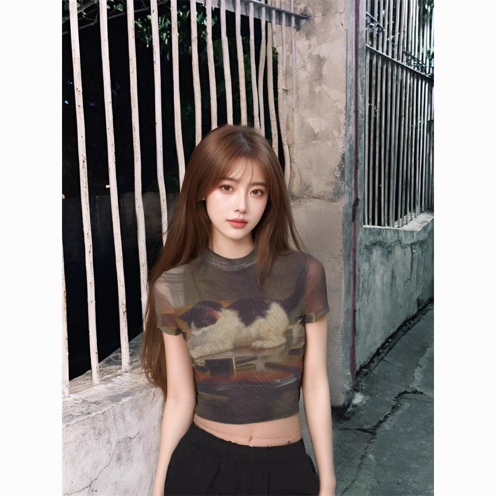 13400321441893317 Vintage Cat Print Slim Fit T-Shirt – Short High Neck Crop Top for Women - Image 1