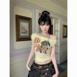 Retro Puppy Print Off-Shoulder T-Shirt – Women’s Vintage Two-Way Cute Streetwear Top - Image 4