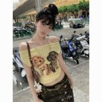 Retro Puppy Print Off-Shoulder T-Shirt – Women’s Vintage Two-Way Cute Streetwear Top - Image 10