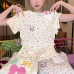 Floral Cat Embroidered Square-Neck Top – Women’s Slim Fit Sweet Short Sleeve Blouse - Image 2