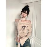 Maillard Off-Shoulder Slim Fit Crop Top – Vintage Long Sleeve Ribbon Tee for Women - Image 4