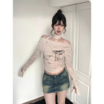 Maillard Off-Shoulder Slim Fit Crop Top – Vintage Long Sleeve Ribbon Tee for Women - Image 3