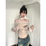 Maillard Off-Shoulder Slim Fit Crop Top – Vintage Long Sleeve Ribbon Tee for Women - Image 2