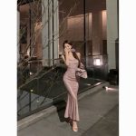 French Style Sparkly Draped Spaghetti Strap Bodycon Long Dress - Image 7
