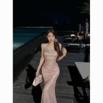 French Style Sparkly Draped Spaghetti Strap Bodycon Long Dress - Image 6