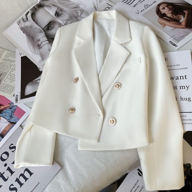 13409571154413831 White Double-Breasted Fitted Short Blazer - Image 1