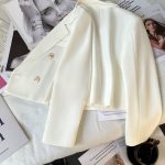 White Double-Breasted Fitted Short Blazer - Image 2