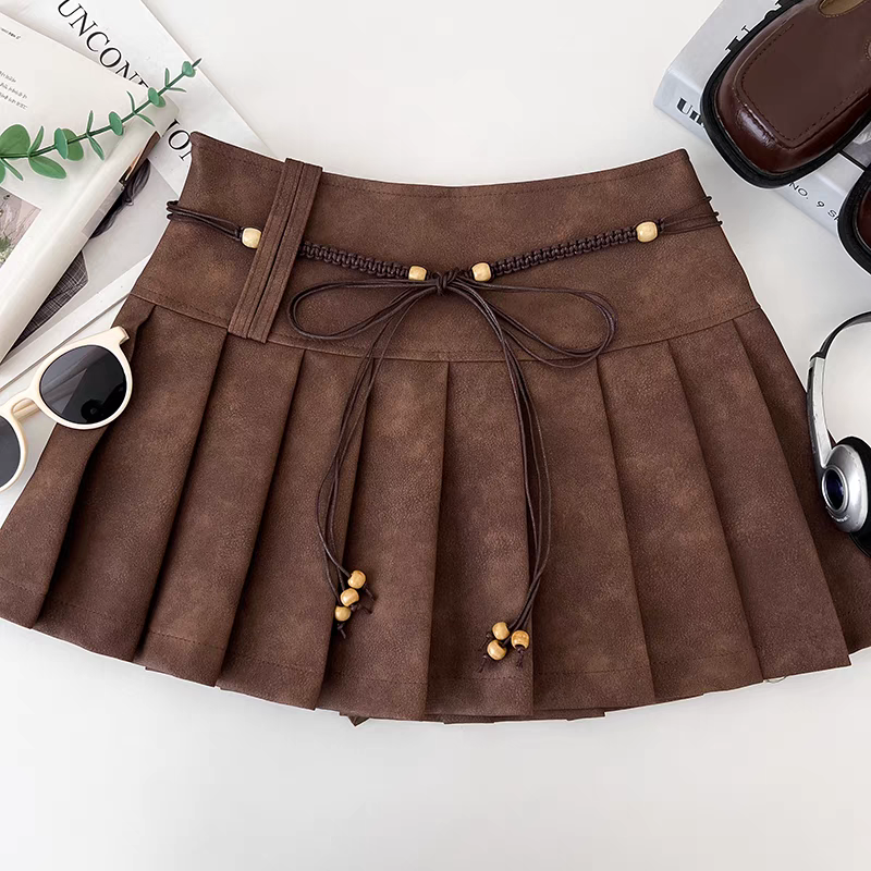 13409583258659378 Brown Pleated High-Waist PU Mini Skirt - Image 1