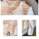 Women's Soft Romantic Powder Pink Pearl Button Tweed Jacket -  Round Neck Long Sleeve Knit Blazer - Image 6