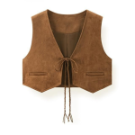 Brown Suede Layered Tie V-Neck Crop Vest