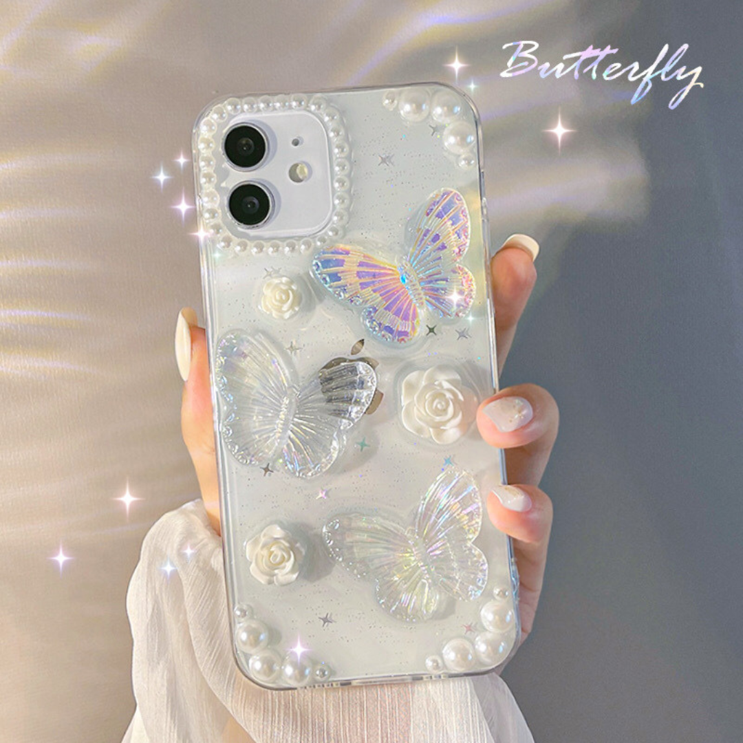 1_4e06aca1-3abc-4a48-9573-208268125dbf French Retro 3D Butterfly Glitter Phone Case – Elegant Protective Cover - Image 1