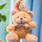 Curly Teddy Bear Plush Keychain with Plaid Bow Tie, Cute Bag Charm Accessory