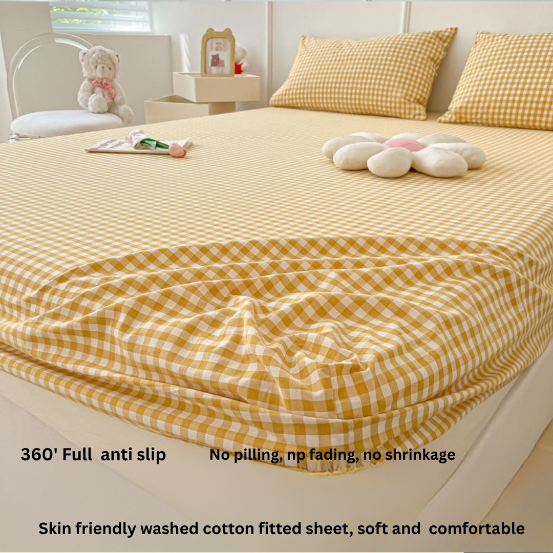 1_7c45f8f3-1ebe-4a15-956c-8fb83f8103d4 Washed Cotton Fitted Sheet – Simple Checkered & Solid Color Mattress Protector, Full Wrap Bed Sheet 3-Piece Set - Image 1