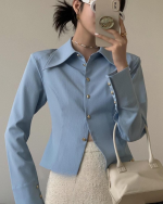 White French Style Pointed Collar Slim Fit Long Sleeve Shirt - Image 3