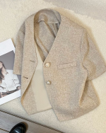 Light Coffee Short Sleeve Cropped Tweed Blazer Elegant Women Top - Image 5