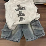Boys korean style sleeveless vest and denim shorts two piece set
