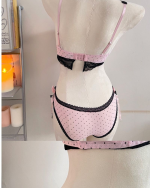Polka Dot Lace Bow Lingerie Set Push-Up Bra in Pink and Black - Image 4