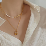 Minimalist Pearl & Plaid Teardrop Pendant Necklace Set - Image 2