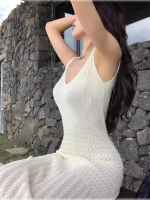 Women's White V-Neck Knit Camisole Slim Fit Bodycon Dress - Image 2