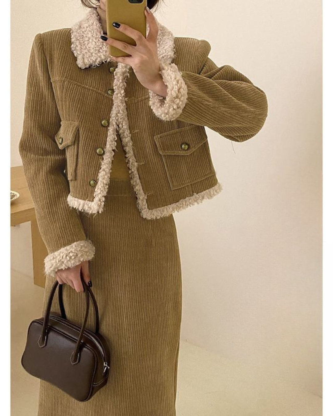 1_f049a668-00da-4ba0-922d-3fb0d7e5ccad Fleece Lined Tweed Style Two Piece Outfit Slimming Jacket and Skirt Set - Image 1