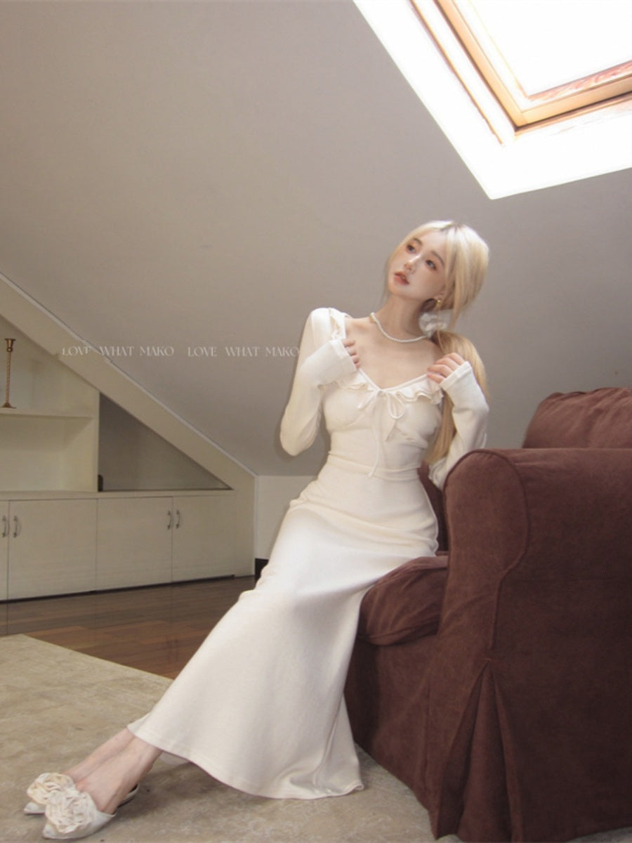 1bd329c64afda35248e6e4b1ff7ce3fb New Ruffled French Style Dress: High-End Coat with Bottoming Long Skirt for Women - Image 1