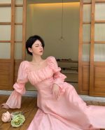French style beautiful back puff sleeve square neck design strap A-line long dress - Image 3