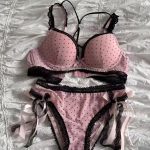 Polka Dot Lace Bow Lingerie Set Push-Up Bra in Pink and Black