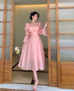 French style beautiful back puff sleeve square neck design strap A-line long dress - Image 9