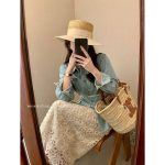 White Lace skirt  high-waisted long a-line mid-length skirt - Image 3