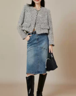 Vintage Tweed Cropped Jacket – Elegant Slim-Fit Petite-Friendly Woven Outerwear - Image 2