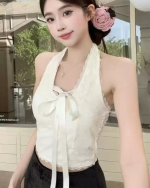 Sexy Lace Trim Halter V-Neck Cami Top with Built-in Padding – Slim Fit Tie Detail Crop Top - Image 3