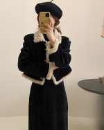 Fleece Lined Tweed Style Two Piece Outfit Slimming Jacket and Skirt Set - Image 3