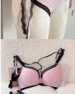 Polka Dot Lace Bow Lingerie Set Push-Up Bra in Pink and Black - Image 5