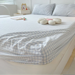 Washed Cotton Fitted Sheet – Simple Checkered & Solid Color Mattress Protector, Full Wrap Bed Sheet 3-Piece Set - Image 2