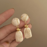 French Vintage Acrylic Long Earrings – Cream Almond and Sunset Orange Elegant Statement Studs - Image 2