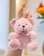 Curly Teddy Bear Plush Keychain with Plaid Bow Tie, Cute Bag Charm Accessory - Image 2