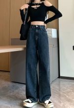 Blue and gray high-waisted wide-leg jeans loose straight floor-length Jeans - Image 3