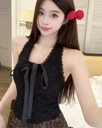 Sexy Lace Trim Halter V-Neck Cami Top with Built-in Padding – Slim Fit Tie Detail Crop Top - Image 2