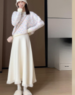 Waist A Line Midi Skirt Elastic Waist Flowy SlimApricot Knit High ming Skirt - Image 3