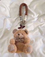 Curly Teddy Bear Plush Keychain with Plaid Bow Tie, Cute Bag Charm Accessory - Image 3