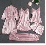 Silk 5-Piece Women's Sleepwear Set with Chest Pads – Camisole Dress, Robe & Loungewear - Image 5
