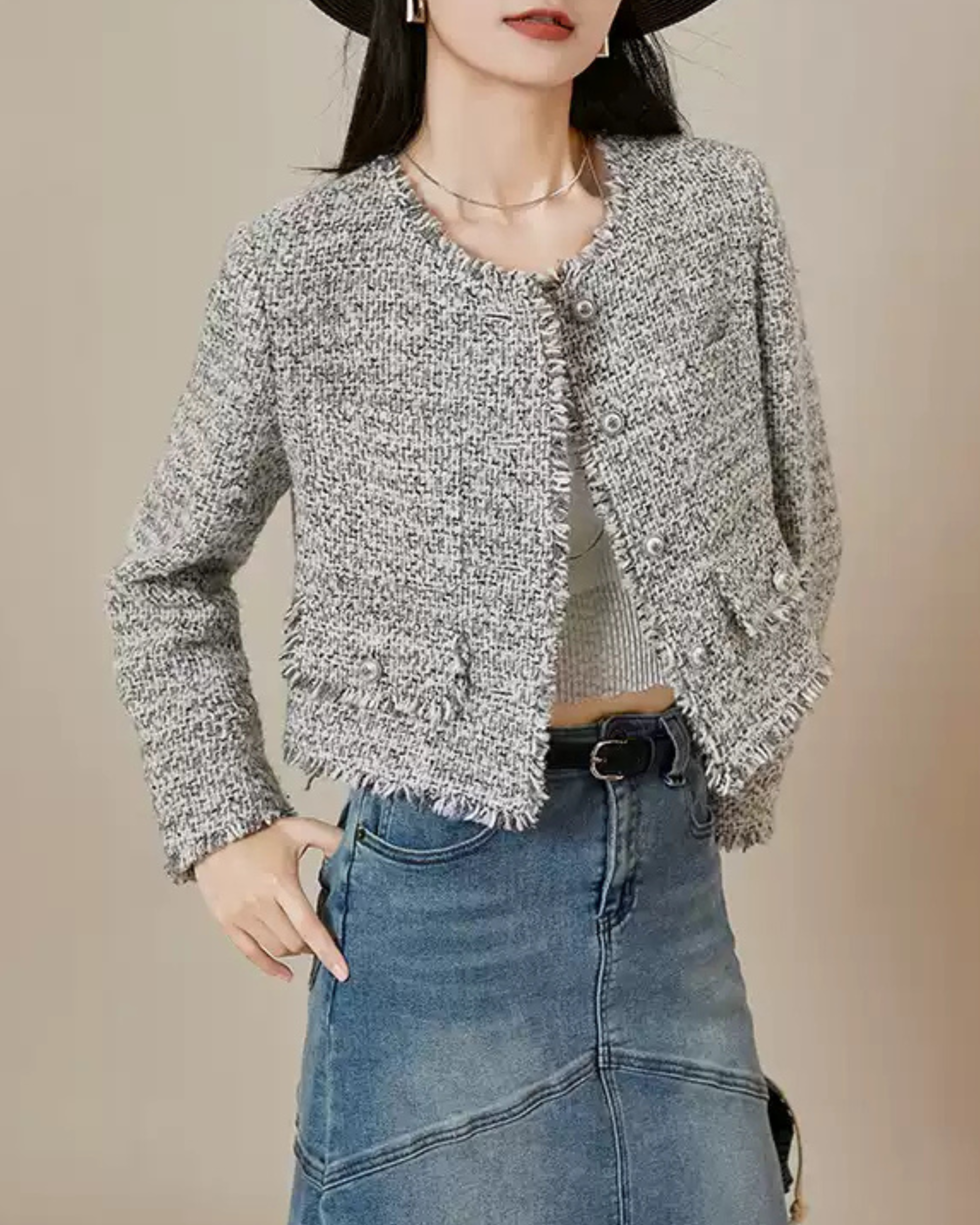 4_3880a6b5-1ca7-4e4c-a2c4-6fa6e5a5097c Vintage Tweed Cropped Jacket – Elegant Slim-Fit Petite-Friendly Woven Outerwear - Image 1
