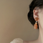 French Vintage Acrylic Long Earrings – Cream Almond and Sunset Orange Elegant Statement Studs - Image 3